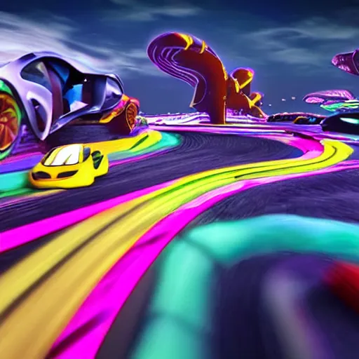 Prompt: high-speed future tech car battle, epic scene, candyland theme, fantasy, 4k