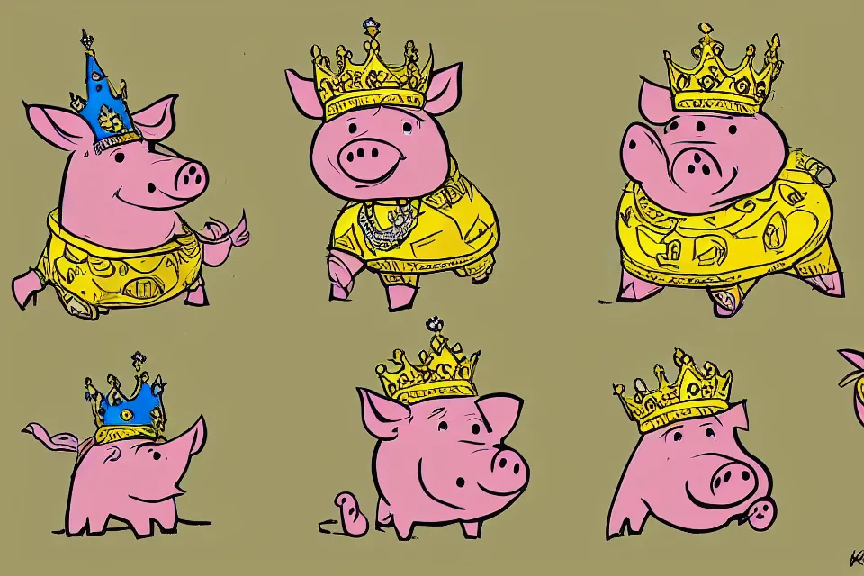 Image similar to concept sketches of a pig wearing a gold crown by Bill Watterson, in the style of 1970s cartoons