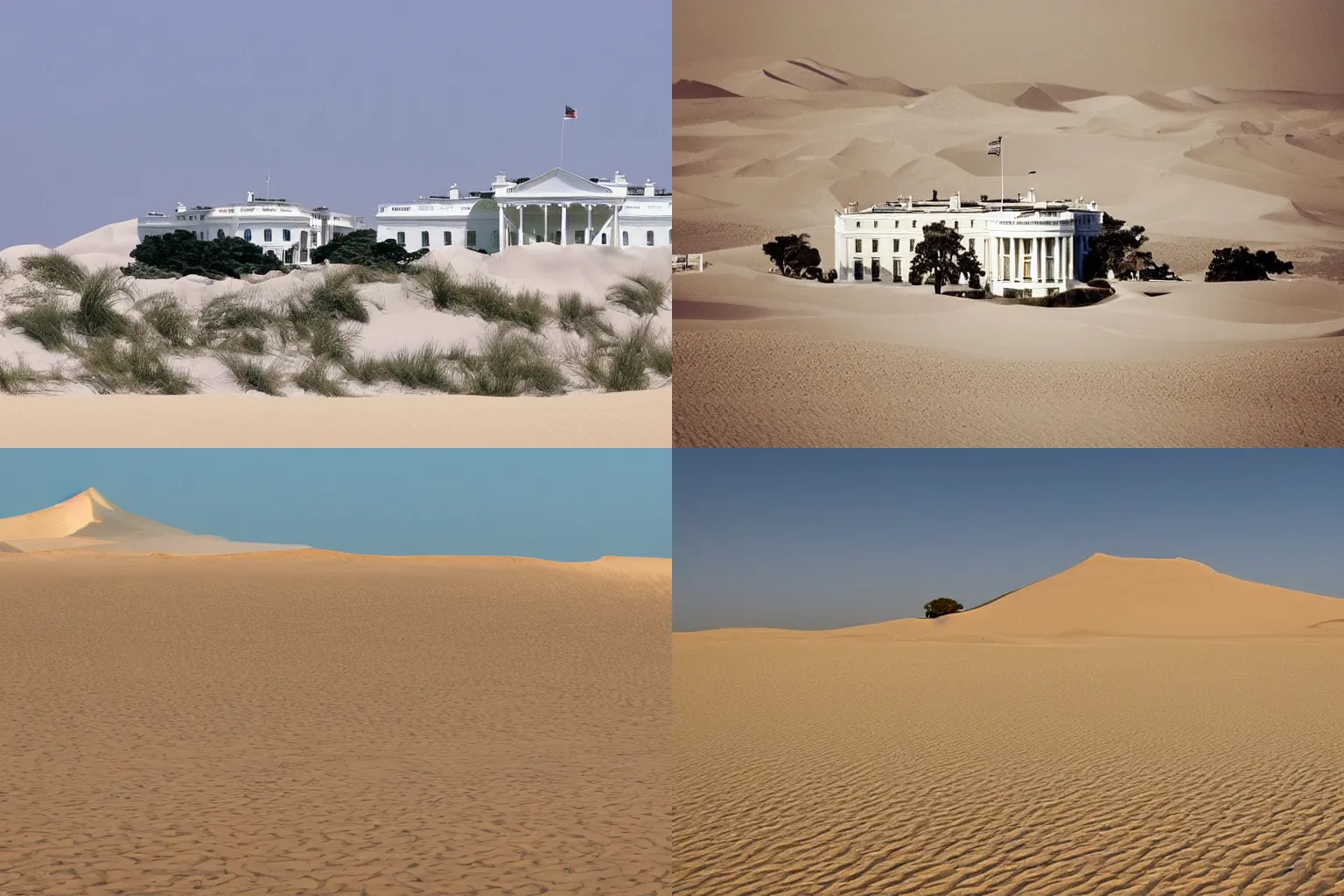 Prompt: !dream A photo of the White House, surrounded by sand dunes as if taken in Egypt