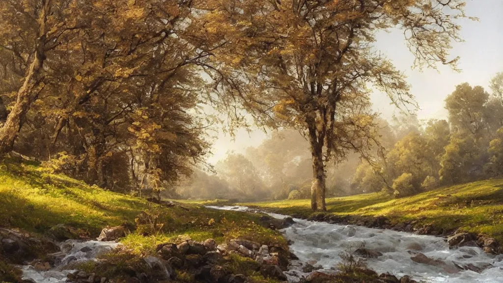 Image similar to A beautiful landscape oil painting of a hill with trees, the spring has arrived and the trees are blooming and covered with colorful flowers, the river is zigzagging and flowing in its way, the river has lots of dark grey rocks, by Greg Rutkowski