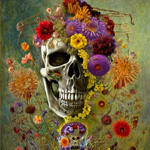 Prompt: 'Life from death' A beautiful detailed aesthetic horror full body painting depicting 'A skeleton with plants and flowers growing all over it, birds and bees flying all around it' by Odilon Redon and giuseppe arcimboldo, Trending on cgsociety artstation, 8k, masterpiece, cinematic lighting.