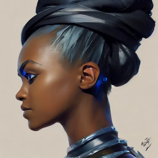 Image similar to greg manchess portrait painting of african yorha type a no. 2 as african tracy from overwatch, back shot, asymmetrical, profile picture, organic painting, sunny day, matte painting, bold shapes, hard edges, street art, trending on artstation, by huang guangjian and gil elvgren and sachin teng