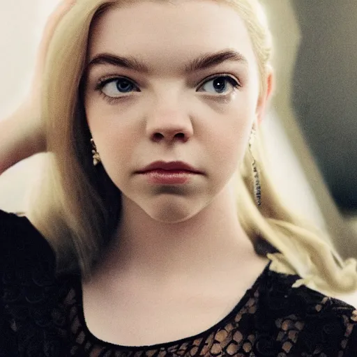 portrait anya taylor-joy, long blond braided hair with, Stable Diffusion