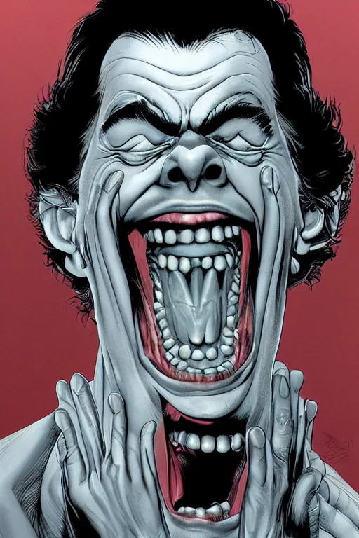 Prompt: digital portrait of a sinister laughing man by brian bolland, rachel birkett, alex ross, and neal adams | centered, deviantart, artgerm