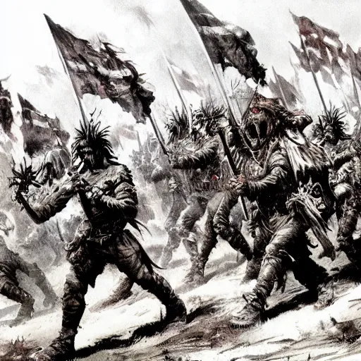 Prompt: an army of undead liches marching over a hill with flag bearers and trumpeters, intricate detail, royo, vallejo, frazetta, whealan,