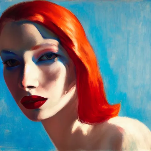 Image similar to Female model, red hair, coral lips, blue shadow, Edward Hopper style