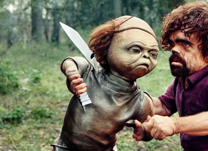 Image similar to peter dinklage knife fighting e. t. the extra - terrestrial, movie still, from the new toys r us movie, 8 k, realistic