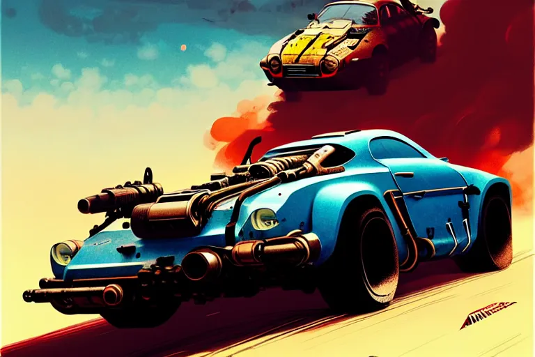 Image similar to mad max's alpine a 1 1 0 : : speeding, firing guns, lights on : : by ilya kuvshinov, rossdraws, artgerm, greg rutkowski makoto shinkai takashi takeuchi studio ghibli, akihiko yoshida : :