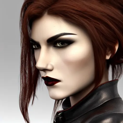 Prompt: side portrait of a beautiful female vampire hunter with brown hair and a dark leather jacket, gothic, 4 k render, highly detailed