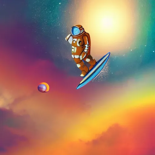 Prompt: an astronaut surfing on a sea turtle over a rainbow past planets in space, digital art, artstation, 4k