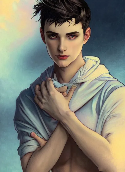 Prompt: handsome young man with short black hair, glowing light blue eyes, pale skin, crouching on the roof of a house, in a neighbourhood, at night, wearing jeans and a black hoodie, realistic painting by ross tran and gerald brom and alphonse mucha, trending on artstation