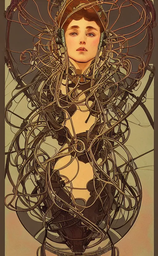 Image similar to upper half portrait of army mecha robot - wires and vines as poster design borders, art by alphonse mucha, highly detailed, digital painting, concept art, illustration, smooth sharp focus, intricate, symmetry, artstation, colourful,