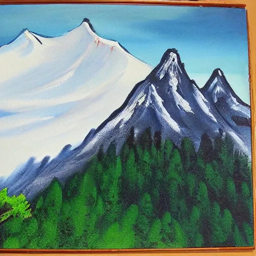 Prompt: Bob Ross painting a mountain