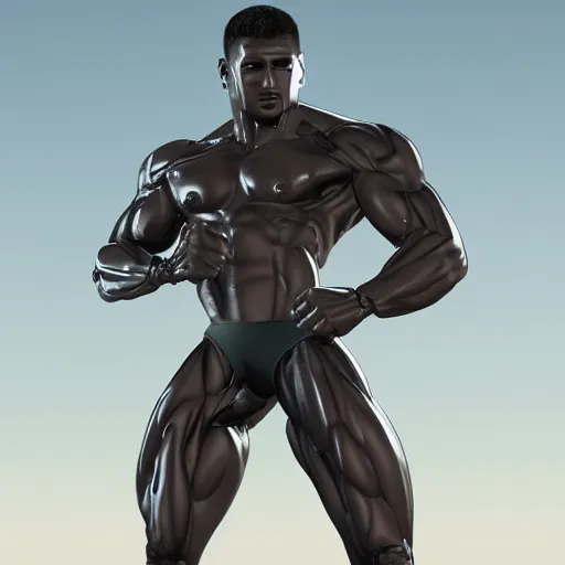 Image similar to a realistic detailed photo of a bodybuilder who is also a male android Chris Redfield, shiny skin, posing robotically, blank stare