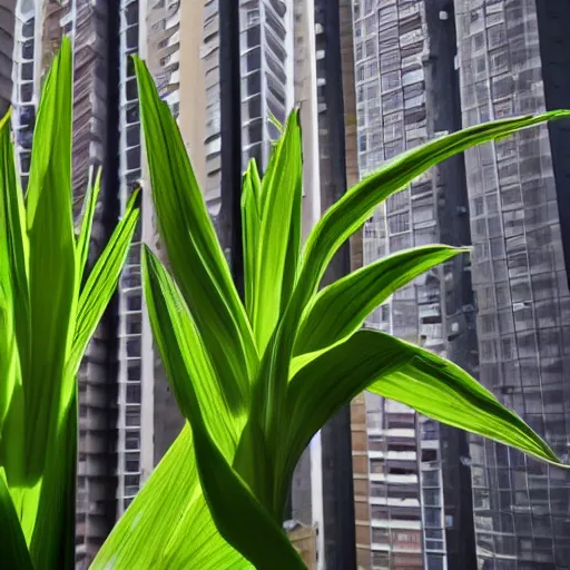 Image similar to Snake plant taking over an entire apartment block, low angle shot, ambient lighting, high detail