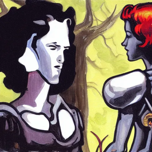 Image similar to short-haired heroic stoic handsome blonde butch tomboy woman engineer standing beside dark fae feathered Jennifer Connelly in garden, in love, Mike Mignola, trending on art station, oil painting