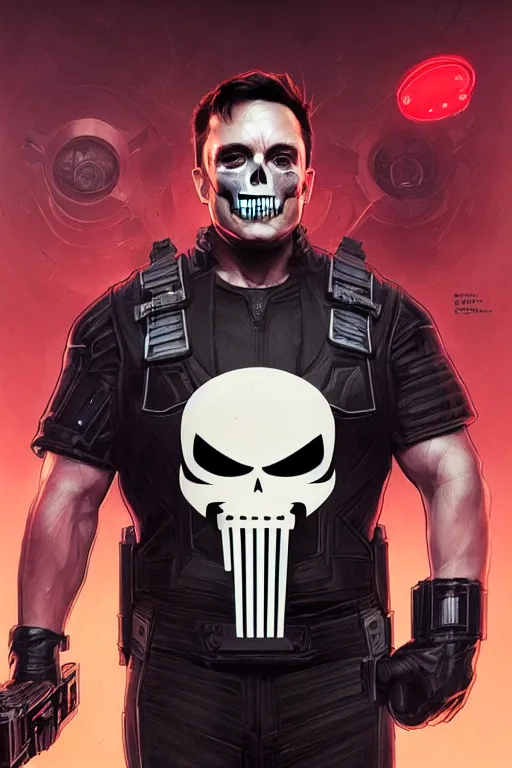 Image similar to elon musk as punisher, portrait, skull on the chest, highly detailed, digital painting, artstation, concept art, smooth, sharp focus, illustration, cinematic lighting, art by artgerm and greg rutkowski and alphonse mucha