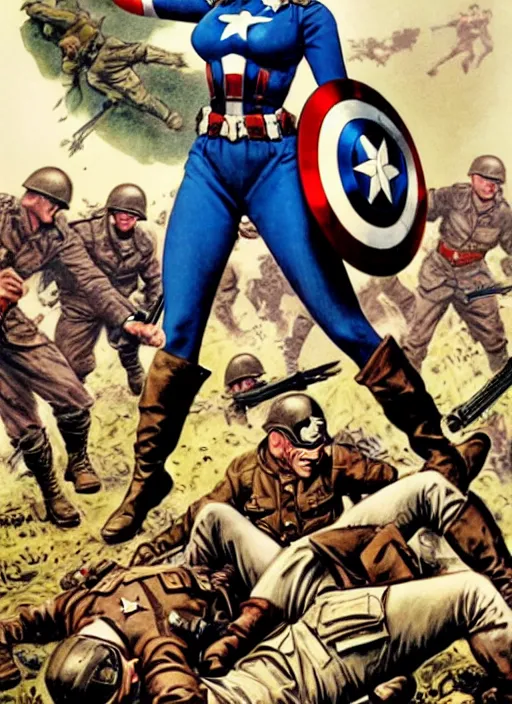 Prompt: beautiful female captain america standing on a pile of defeated german soldiers. feminist captain america wins wwii. american wwii propaganda poster by james gurney. overwatch
