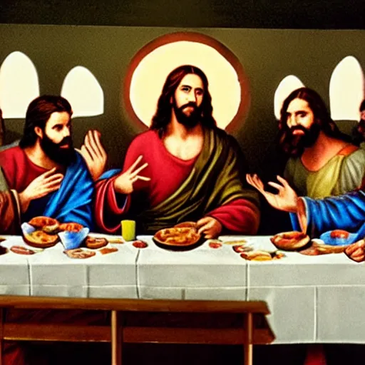 Image similar to a photograph of jesus and his disciples having the last supper at dave and busters restaurant