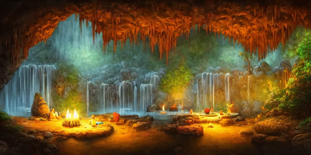 Image similar to detailed interior of cozy hotsprings hidden inside a cave, small waterfalls, lush vegetation, flowers, towels, plates of fruit, candlelight, digital painting, concept art, light shafts, stunning atmosphere, by gerald brom, cinematic lighting