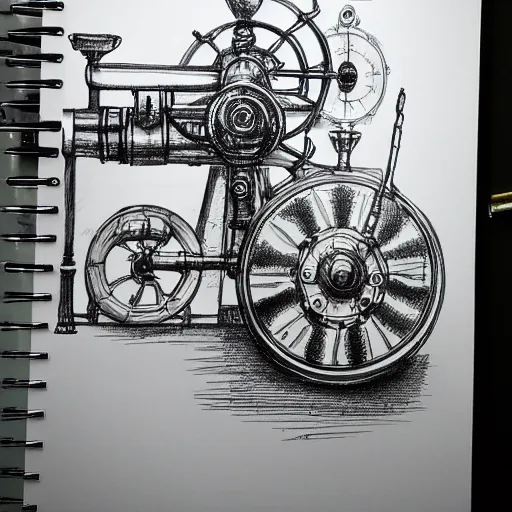 Prompt: sketch of steam punk machinery, fountain pen, white background,
