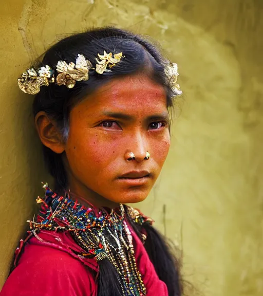 Prompt: portrait_photo_of_a_stunningly beautiful_nepalese_maiden with amazing shiny eyes, 19th century, hyper detailed by Annie Leibovitz and Steve McCurry, David Lazar, Jimmy Nelsson, professional photography