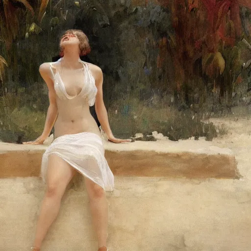 Image similar to a beautiful woman in an elegant see-thru white dress, wearing a black bikini underneath, 1920s, by Ilya Repin and WLOP, 8k octane render