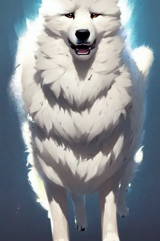 Image similar to comic book cover. fluffy samoyed by greg rutkowski, trending on artstation