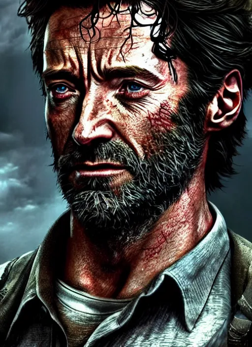 Prompt: hugh jackman as joel from the last of us, character concept art, hyperrealistic, detailed, accurate illustration, dramatic lighting