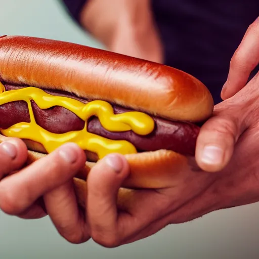 Image similar to man with morphing hot dog hands hyper realistic 4k with red eyes