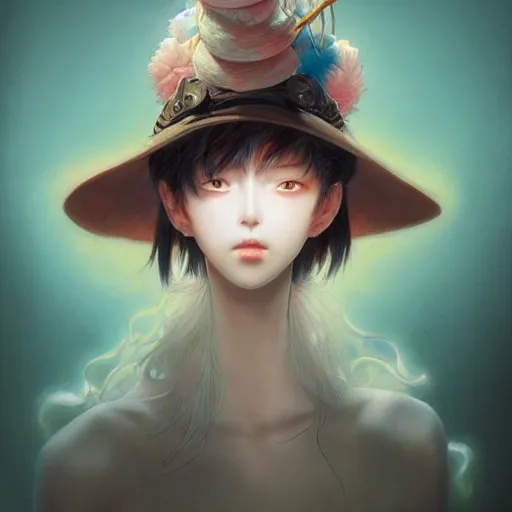 Prompt: prompt : epic hat character portrait soft light painted by james jean and katsuhiro otomo and erik jones, inspired by evangeleon anime, smooth face feature, intricate oil painting, high detail illustration, sharp high detail, manga and anime 1 9 9 9