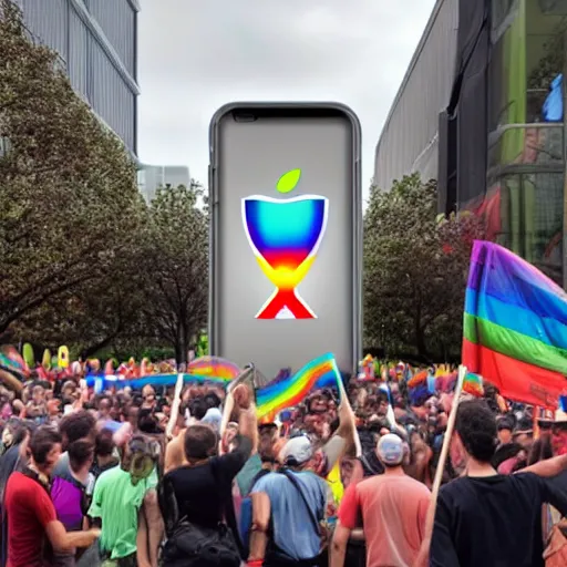 Image similar to rainbow apple logo monolith surrounded by a mob of torch lit protestors