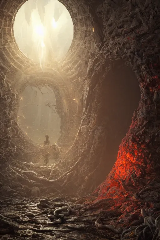 Image similar to realistic photo of a lovecraft creature in a hell gate portal, filaments, translucent, photorealistic, hyperrealism, high resolution, ultra - detailed, by marc simonetti, natural volumetric lighting, realistic 4 k octane beautifully detailed render, 4 k post - processing