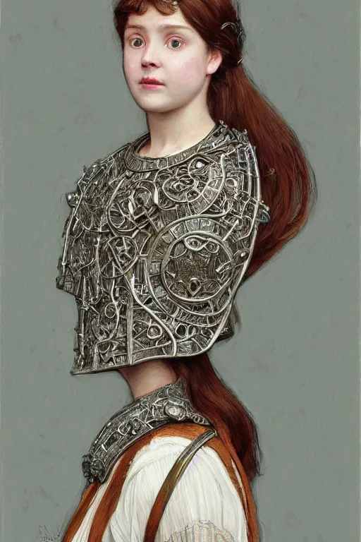 Image similar to a head and torso art nouveau portrait of a 16-year old sun goddess who resembles Anne of Green Gables with a worried, intense gaze and slightly opened mouth, ornate intricate mother-of-pearl battle armor, intricate, elegant, highly detailed, digital painting, artstation, concept art, smooth, sharp focus, illustration, art by John William Waterhouse and Bouguereau and Donato Giancola and alphonse mucha