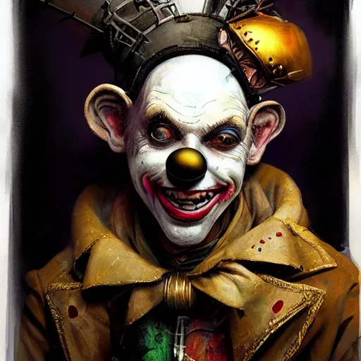 Image similar to Portrait of a creepy steampunk clown, fantasy, colorful, detailed, by Greg Rutkowski and Dave McKean