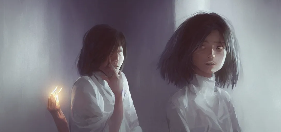 Image similar to Young Himalayan woman sitting concerned in an empty room with loneliness using psychic powers to make a lighter float| night time scene, plain walls |somber white eyes, long messy hair | gentle lighting, futuristic, dim lighting, digital art by Makoto Shinkai ilya kuvshinov and Wojtek Fus, digital art, concept art,