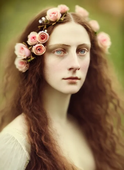 Prompt: portrait photography of a beautiful woman how pre-Raphaelites beauty type in style of Giovanni Gastel, britt marling style 3/4 , natural color skin, long hair are intricate with highly detailed realistic branches with little point rose' gems flowers like a crown, a beautiful ethereal lace transparent dress, 8K, soft focus, melanchonic soft light, volumetric lighting, highly detailed Realistic, Refined, Highly Detailed, natural point rose' outdoor soft pastel lighting colors scheme, outdoor lighting, fine art fashion photography