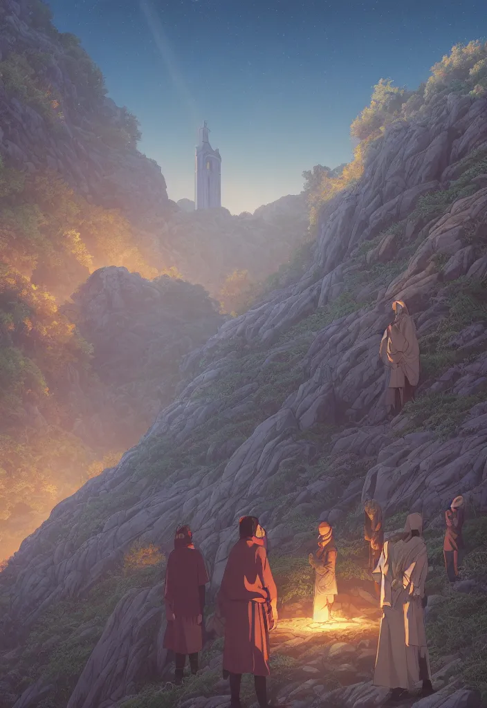 Image similar to a portrait of the sermon on the mount by dan mumford, yusuke murata and makoto shinkai, 8k, cel shaded, unreal engine, featured on artstation, pixiv