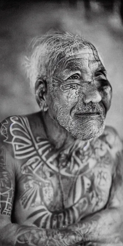 Image similar to an old indigenous man with micron pen ink tattoos stares imat the camera, night sky, stars, bruce gilden, leica s, fuji 8 0 0, grainy, low light