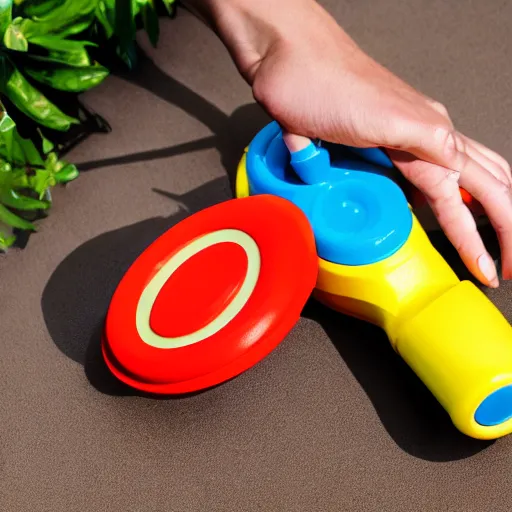 Prompt: product photo of a bop it toy called stop it