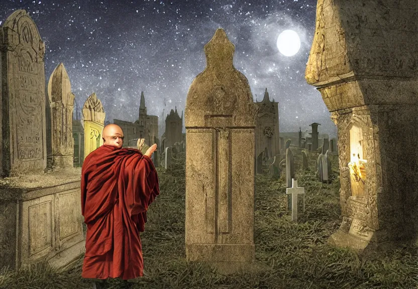 Image similar to a monk possum at a medieval cemetery at night, highly detailed, digital art, isometric