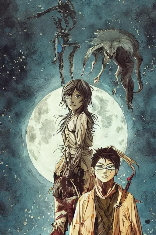 Image similar to a full moon bloody knife wound wolf, high intricate details, rule of thirds, golden ratio, cinematic light, anime style, graphic novel by fiona staples and dustin nguyen, by beaststars and orange, peter elson, alan bean, studio ghibli, makoto shinkai