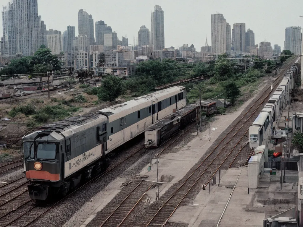 Prompt: 8 0 s movie still, train passing by while bright city is in the background, medium format color photography, 8 k resolution, arri 3 5 mm cinema, hyperrealistic, photorealistic, high definition, highly detailed, tehnicolor, anamorphic lens, award - winning photography, masterpiece