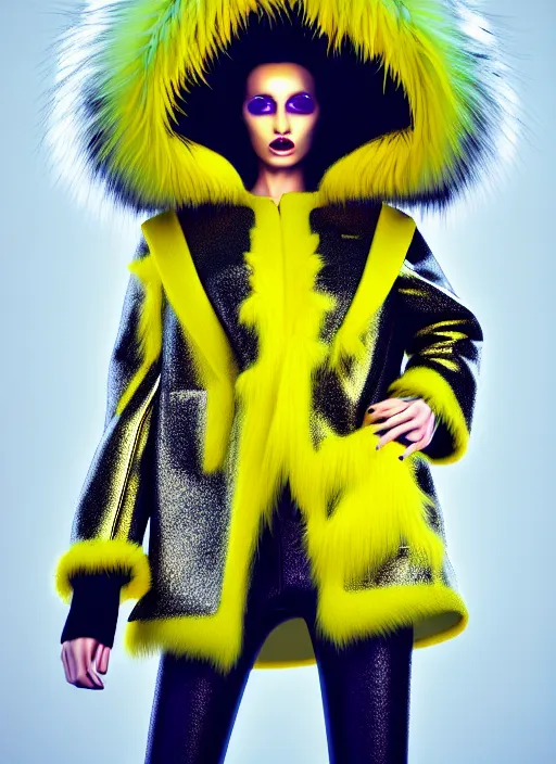 Prompt: coat for a rave With fur, hairstyle, White soft leather model, earrings, bright soft colors, soft yellow background, many details, prints, photo for a magazine, photo for a store, fashion photography, Vogue, low angle photo, wide angle , cinematic, hyper realism, high detail, octane render, 8k, chrome accents, very coherent symmetrical artwork,clear facial features, perfect detailed face model, Soft light, Reduced contrast ,Photorealism, photorealistic face