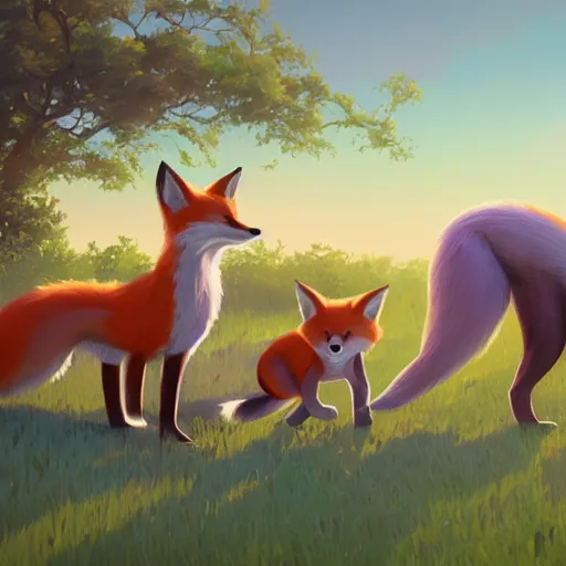 Image similar to painted portrait of a family of foxes, fantastically pastel colors, octane render, matte painting concept art, official fanart behance hd artstation by jesper elsing, by rhads and makoto shinkai and lois van baarle and ilya kuvshinov and rossdraws