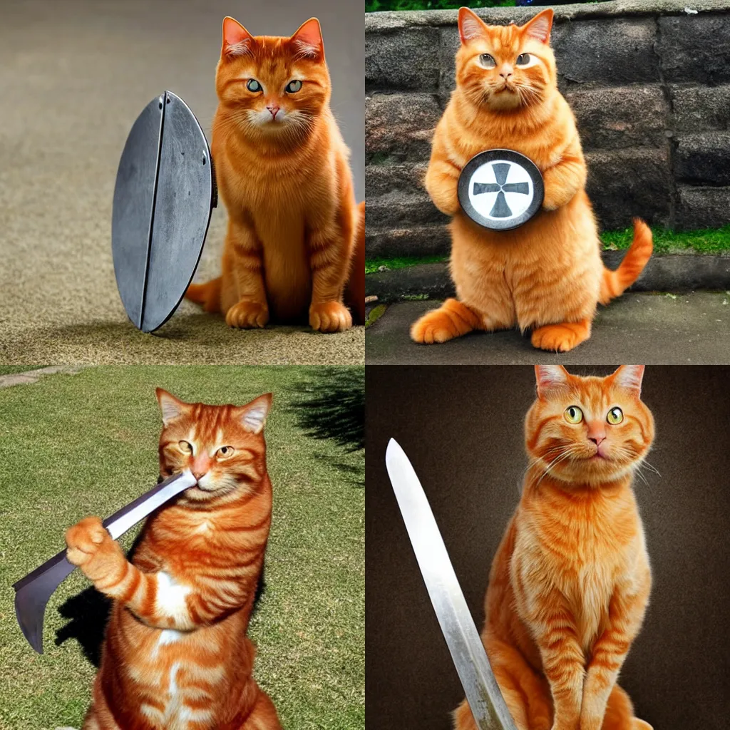 Prompt: a ginger cat called Hercules, holding a sword and shield