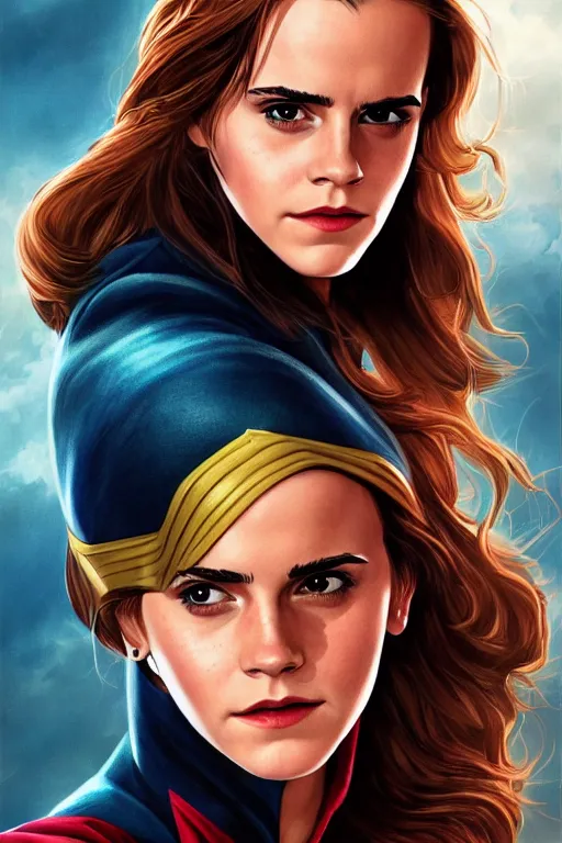 Prompt: Emma Watson as the superhero Captain Hogwarts, highly detailed, artstation, sharp focus, illustration, art by joe jusko