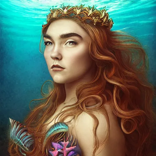 Prompt: “ florence pugh portrait, fantasy, mermaid, hyperrealistic, game character, underwater,, highly detailed, cinematic lighting, pearls, glowing hair, shells, gills, crown, water, highlights, starfish, goddess, jewelry, realistic, digital art, pastel, magic, fiction, ocean, queen, colorful hair, sparkly eyes, fish, heroic, waves, bubbles ”