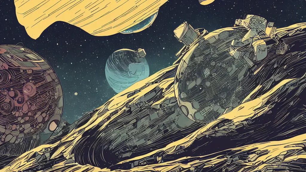 Image similar to very detailed, prophet graphic novel, ilya kuvshinov, mcbess, rutkowski, simon roy, illustration of a space junk floating in space around a dead planet, wide shot, colorful, deep shadows, astrophotography