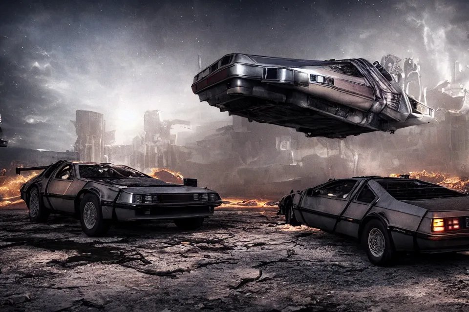 Image similar to delorean dmc 5 next to ancient space ship wreck horror, dark cinematic, volumetric, realistic, 3 d render, realistic render, cinematic lighting, volumetric lighting, atmospheric, cinematic, unreal engine, unreal engine render, octane render, hd, photorealism, hyper realistic, photo, 8 k